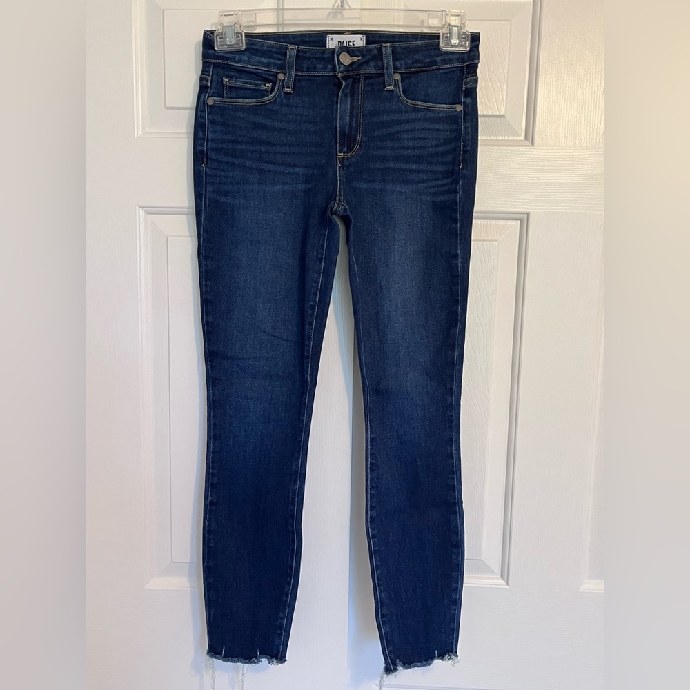 PAIGE High Rise Verdugo Ankle Skinny, Dark Wash, size 27x27, Raw Hem